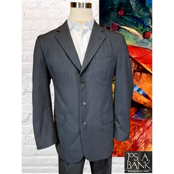 Jos A Bank 42L 34W Charcoal Gray Pinsripe 2 Piece Suit Jacket Pants Note - Picture 5 of 16